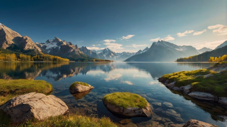panoramic view of alpine lake with reflection of mountains in waterの写真素材