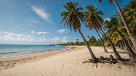 Panoramic view of tropical beach with coconut palm trees and blue skyの写真素材
