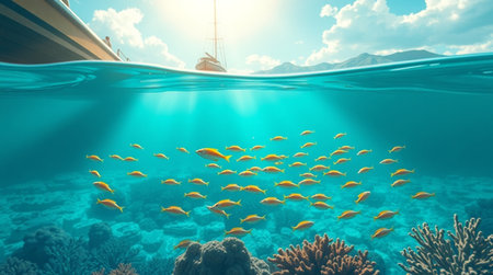 Underwater view of the coral reef with fish. 3d renderingの写真素材