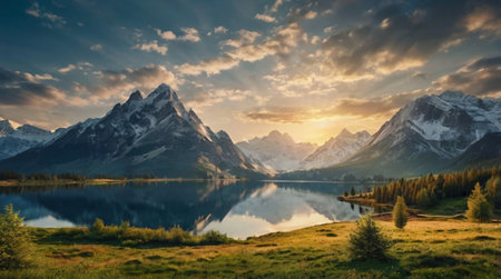 Mountain lake in the mountains at sunset. Landscape photography.の写真素材