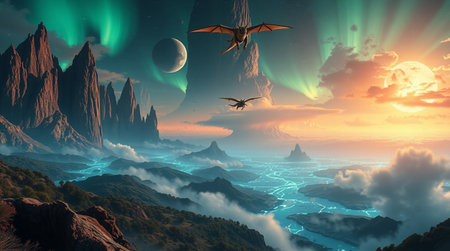Fantasy alien planet. 3D illustration. Elements of this image furnished by NASAの写真素材