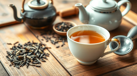 Tea cup and teapot on a wooden table. Selective focus.の写真素材