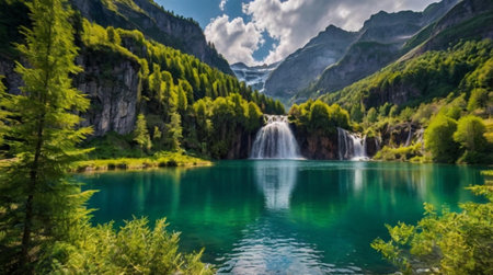 Panoramic view of beautiful alpine lake and waterfall in summerの写真素材