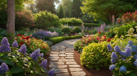 Beautiful spring garden with blooming hydrangeas and path