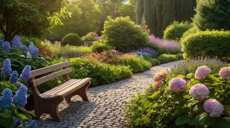 Wooden bench in the garden with pink hydrangeas.