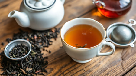 tea in cup and teapot on wooden table, stock photoの写真素材