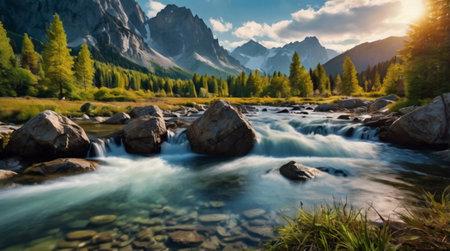 Panoramic view of a mountain river in the Dolomites, Italy