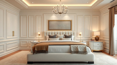 3d rendering luxury classic bedroom suite in hotel with white walls and carpetの写真素材