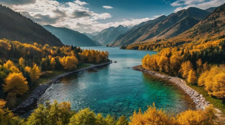 Aerial view of beautiful mountain lake in autumn season. Colorful autumn landscape.の写真素材