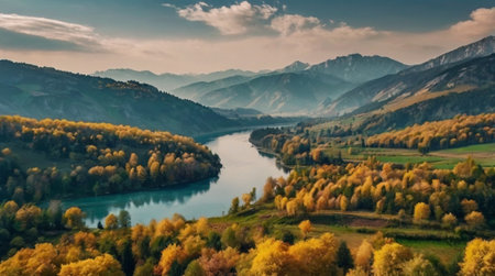 Beautiful autumn landscape in the mountains. Beautiful view of the river and mountains
