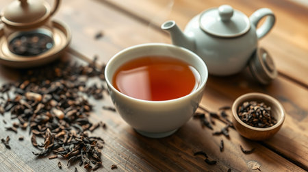 Cup of tea and teapot on wooden table, closeupの写真素材