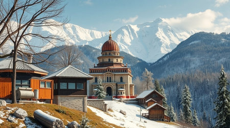 Panoramic view of monastery in winter, Caucasus, Svanetiの写真素材