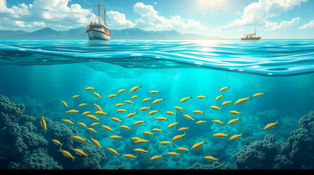 Underwater view of coral reef with fishes and boat. 3d rendering