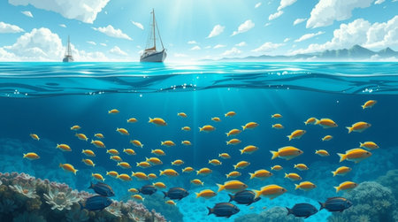 underwater scene with fish and sailboat, 3d render illustration