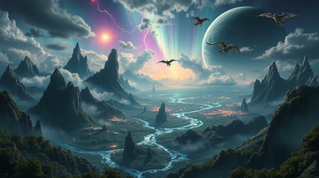 Fantasy alien planet. Mountain and river. 3D illustration.