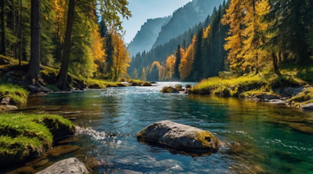 Panoramic view of a mountain riverの写真素材