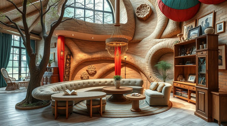 3D rendering of a fantasy living room with a sofa and a table.の写真素材