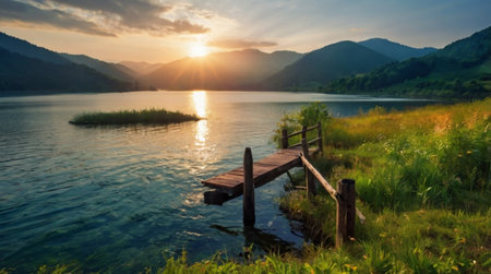 Wooden pier on the lake at sunrise in Carpathian mountainsの写真素材