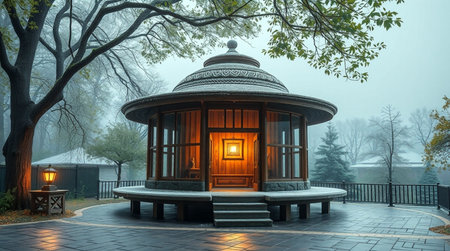 Wooden gazebo in the fog in the park.の写真素材