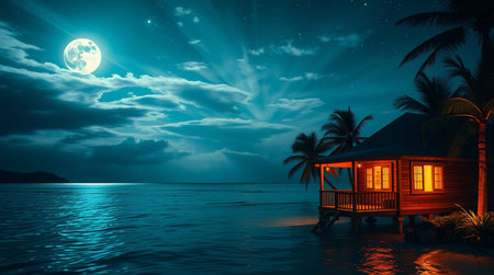 House on the beach at night with full moon. 3D renderingの写真素材