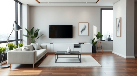 Interior of modern living room with white walls, wooden floor, comfortable sofa and tv on wall. 3d...