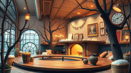 3D rendering of a hotel lobby interior with a round wooden tableの写真素材