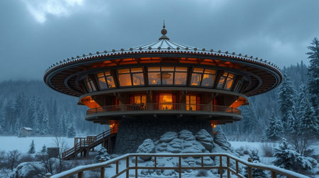Beautiful winter landscape with a big wooden pagoda in the mountainsの写真素材