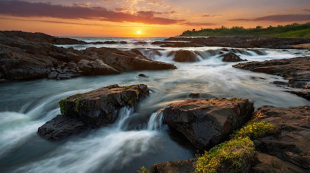 Long exposure of a river flowing through the rocks at sunset in Sri Lanka
