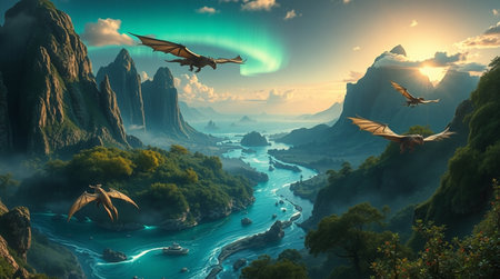 Fantasy alien planet. Mountain and lake. 3D illustration.の写真素材