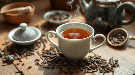Cup of tea and teapot on wooden table, closeupの写真素材