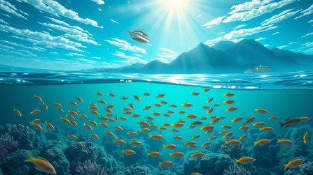 Underwater view of coral reef and tropical fish. 3d illustrationの写真素材