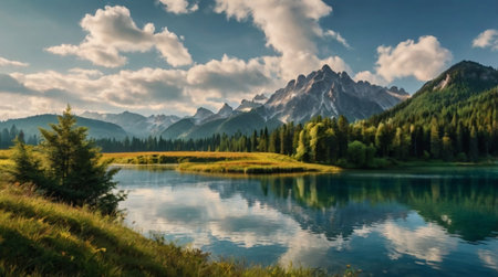 Panoramic view of alpine lake in Dolomites, Italy