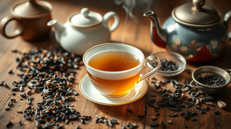 Tea cup and teapot on old wooden table, closeupの写真素材