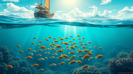 Tropical fish and boat floating in the sea. 3d renderingの写真素材