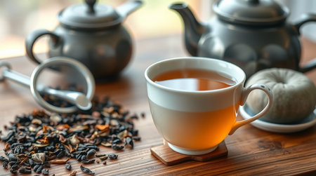 Cup of tea with teapot on wooden table, closeupの写真素材
