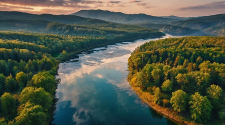 Aerial view of the river and forest at sunset. Beautiful summer landscape
