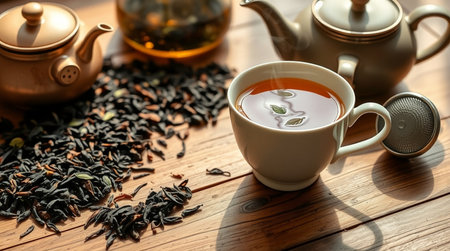 Cup of tea and teapot on wooden table, closeup