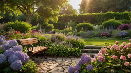 Bench in the garden with blooming hydrangeas and flowers