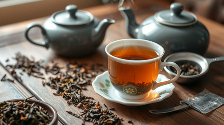 Cup of tea with teapot on wooden table, closeupの写真素材
