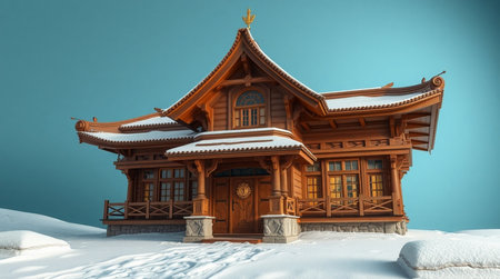 3d illustration of a wooden chinese house in the snow.の写真素材