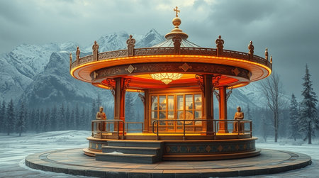 3D CG rendering of pavilion in the snowy landscape with mountainsの写真素材