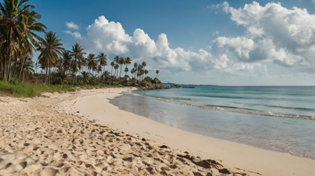 Panoramic view of tropical beach with coconut trees and sand.