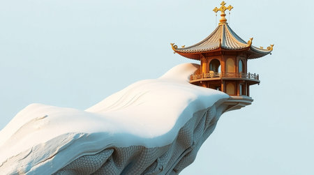 Buddhist temple on the hill covered with snow in winter.の写真素材