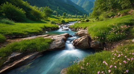 Beautiful mountain landscape with a river in the Carpathian mountainsの写真素材