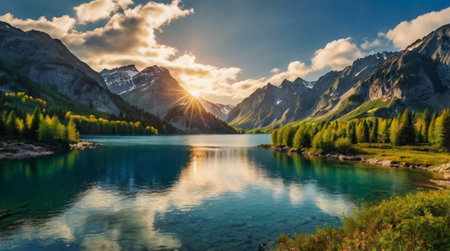 Panoramic view of beautiful alpine lake in the mountains.の写真素材