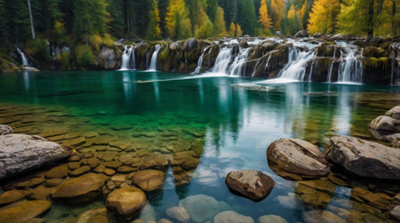 Beautiful waterfall in the autumn forest. Panoramic view.の写真素材
