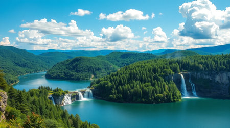 Panoramic view of a national park with lakes and waterfallsの写真素材