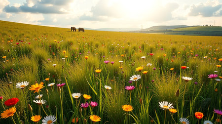 Beautiful meadow with wildflowers and horses at sunset.