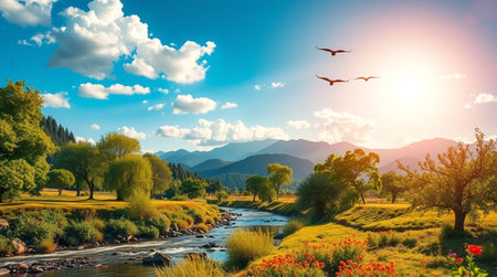 Beautiful spring landscape with river and meadow. Nature background.の写真素材