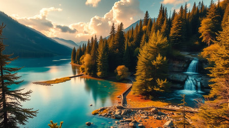 Mountain lake with clear water and forest on the shore at sunsetの写真素材